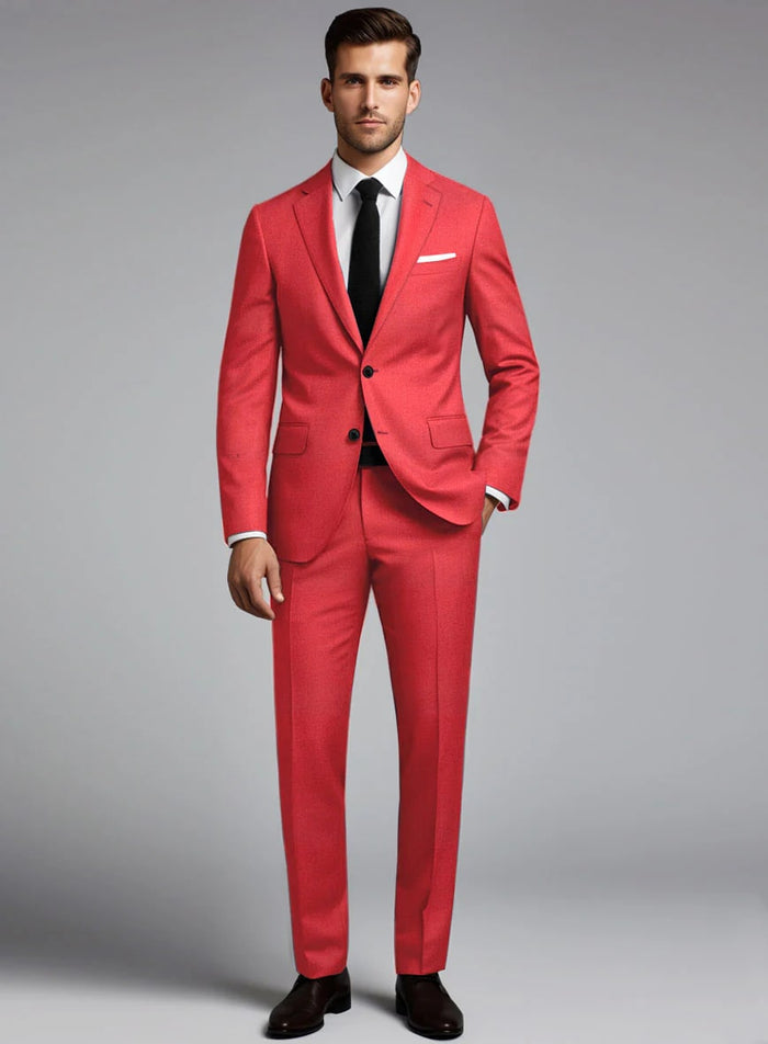 Red tailored suit with a single-breasted, two-button jacket and slim trousers. Includes a black tie and white dress shirt. Textured fabric suggests a fine weave.
