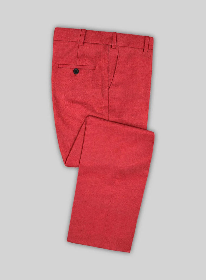 Red suit pants with smooth texture and straight leg. Single back pocket with button closure. Belt loops at the waist. Classic and versatile.
