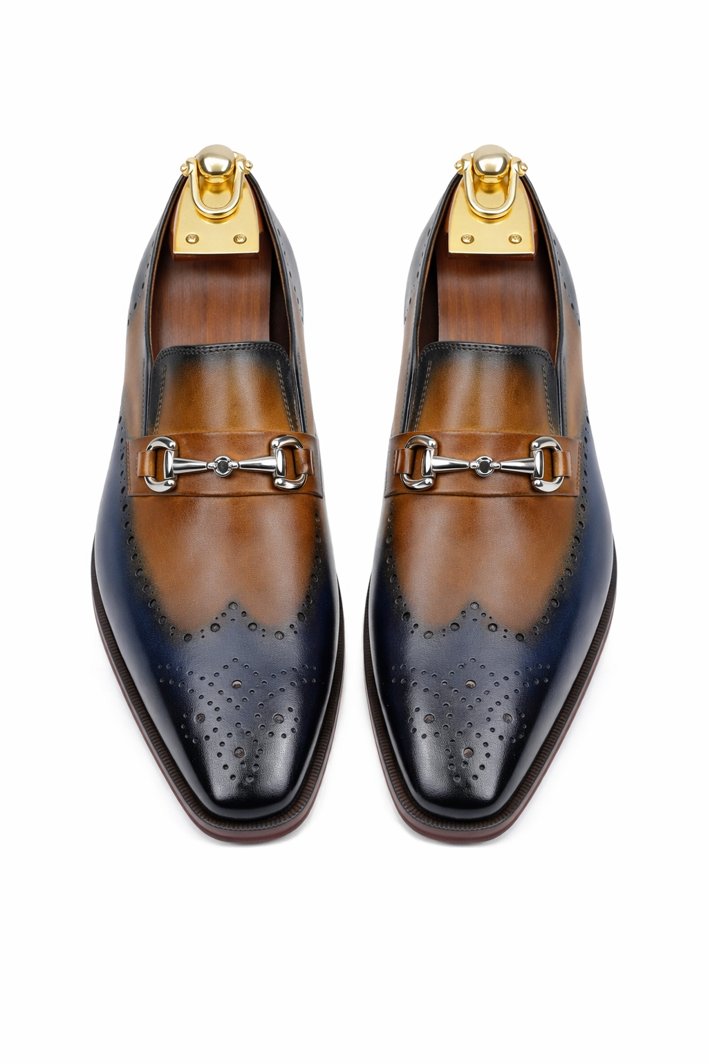 Mens Wholecut Two Tone Leather Wingtip Loafer Dress Shoes in Blue & Tan