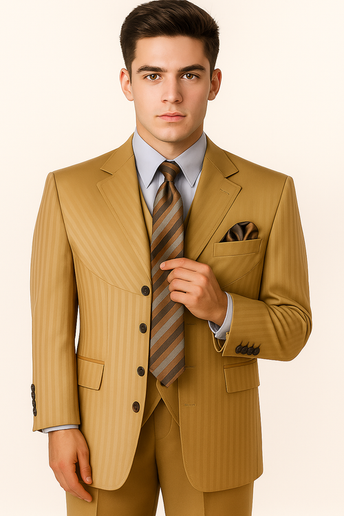 Mens 4 button Semi Wide Leg Shiny Tonal Stripe Fashion Gold Suit
