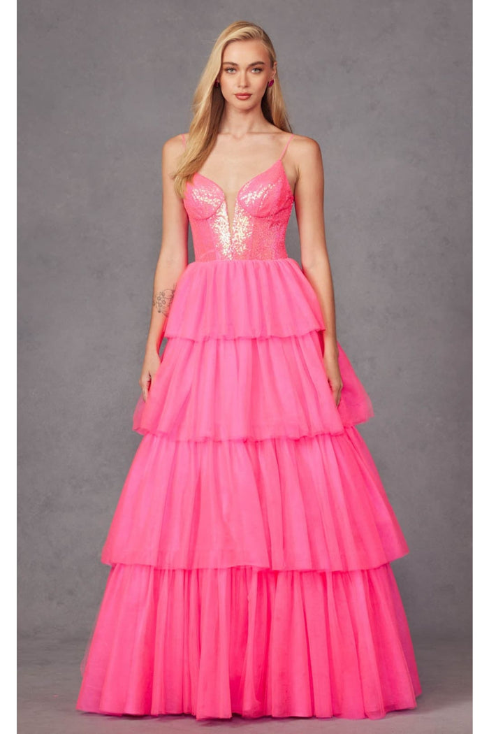 Sequin Bodice Sleeveless A-Line Ruffled Prom Gown by Juliet JT2457H