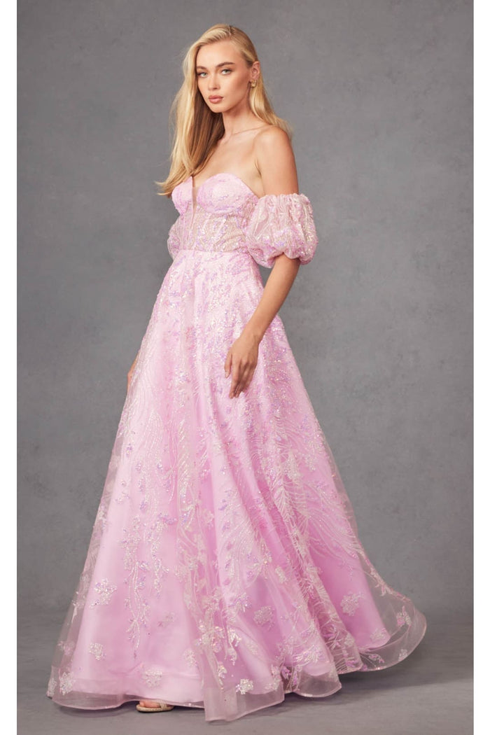 Sequin Print Corset Gown with Puff Sleeves by Juliet 2404