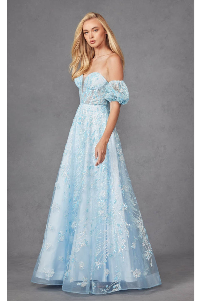 Sequin Print Corset Gown with Puff Sleeves by Juliet 2404