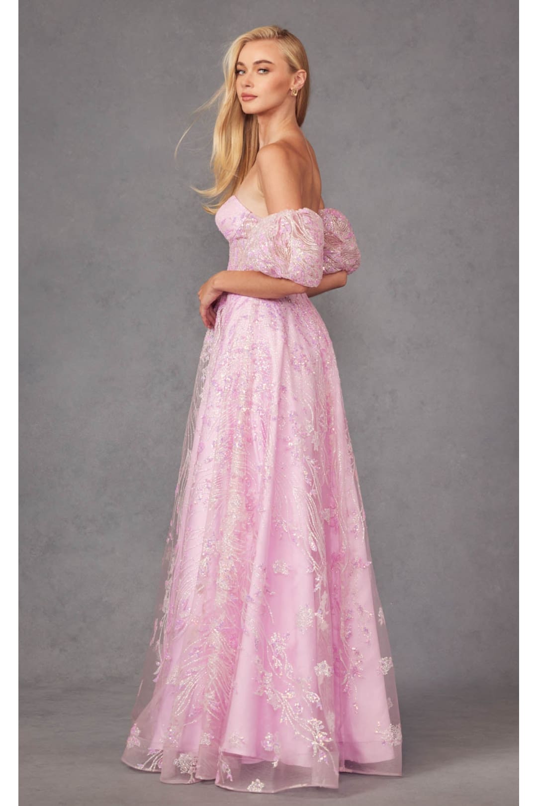 Sequin Print Corset Gown with Puff Sleeves by Juliet 2404