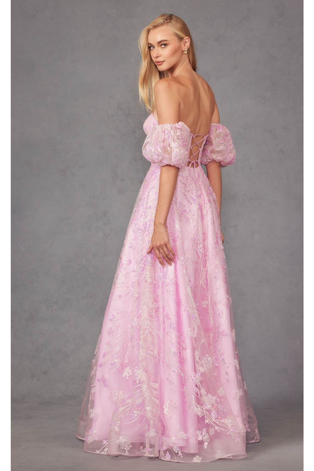 Sequin Print Corset Gown with Puff Sleeves by Juliet 2404
