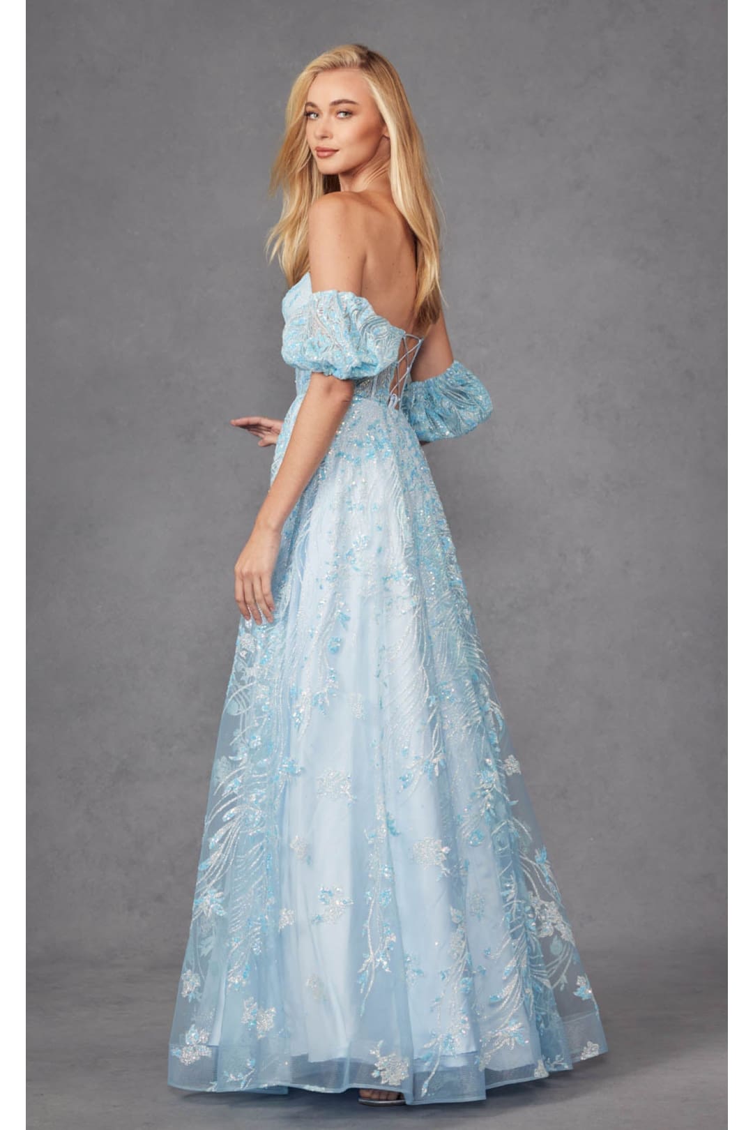 Sequin Print Corset Gown with Puff Sleeves by Juliet 2404