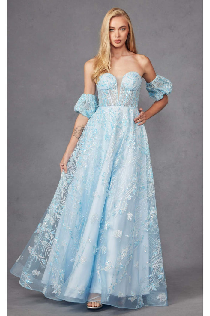 Sequin Print Corset Gown with Puff Sleeves by Juliet 2404