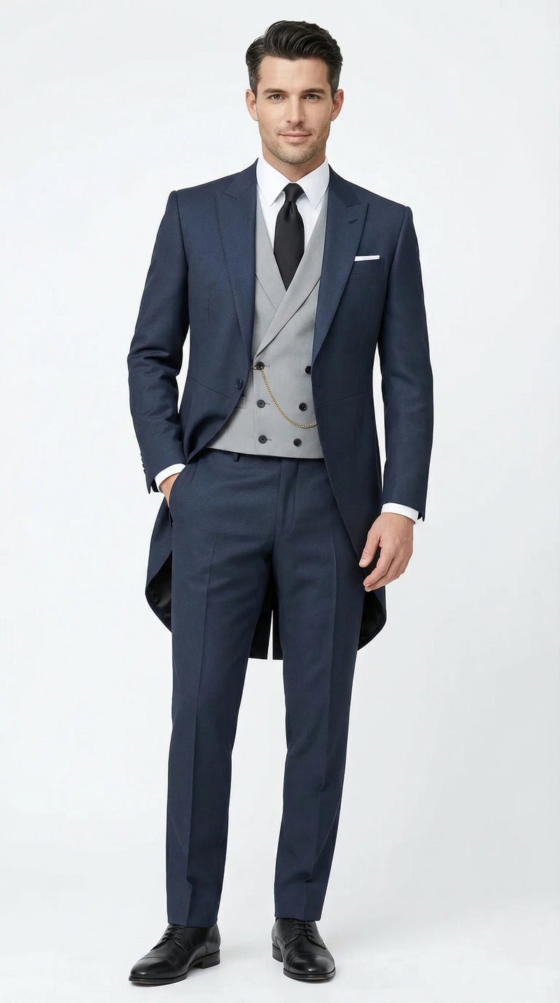 Men’s Navy Blue Three-Piece Formal Suit – Cutaway Blazer and Trousers for Wedding Tailcoat