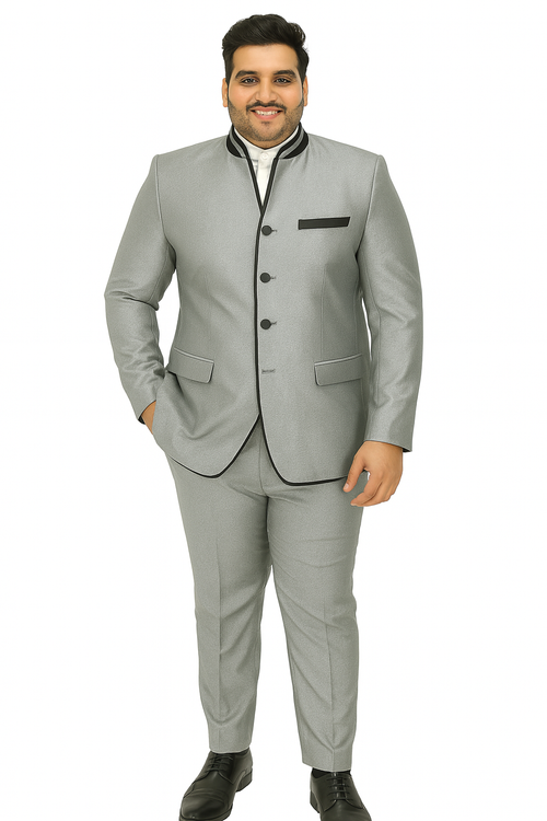 Mens 4 button Mandarin Tuxedo in Sharkskin Silver Grey with Black Trim