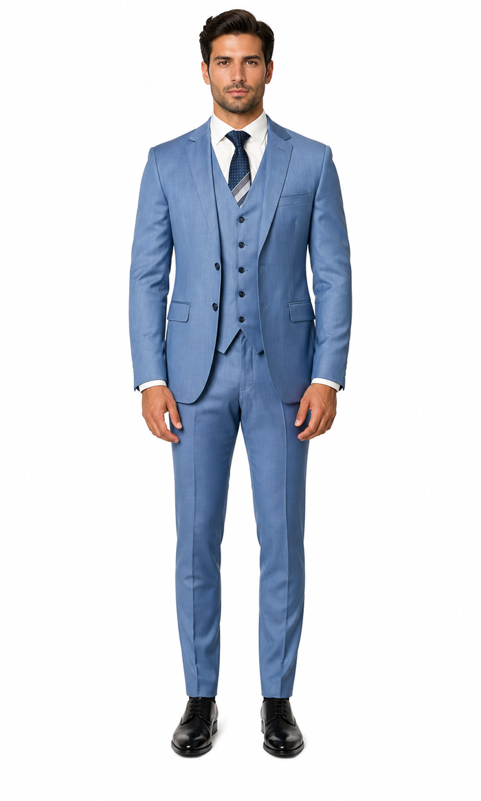 Sharkskin Textured 3-Piece Steel Blue - Dusty Blue Suit