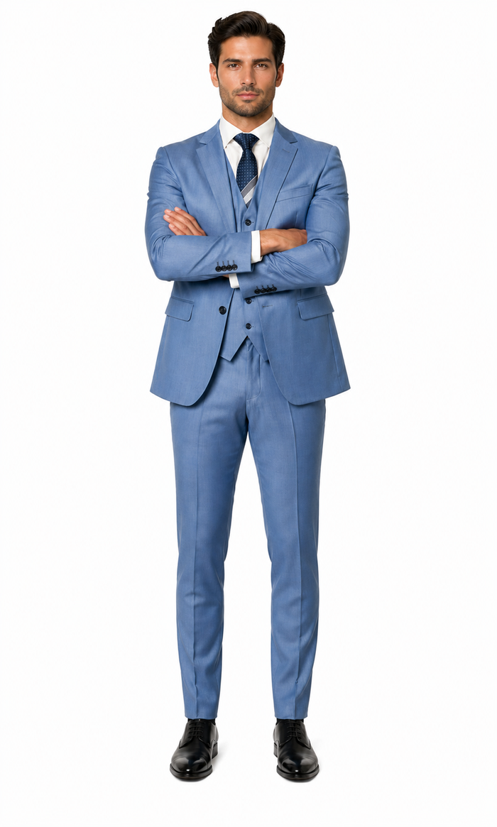 Sharkskin Textured 3-Piece Steel Blue - Dusty Blue Suit