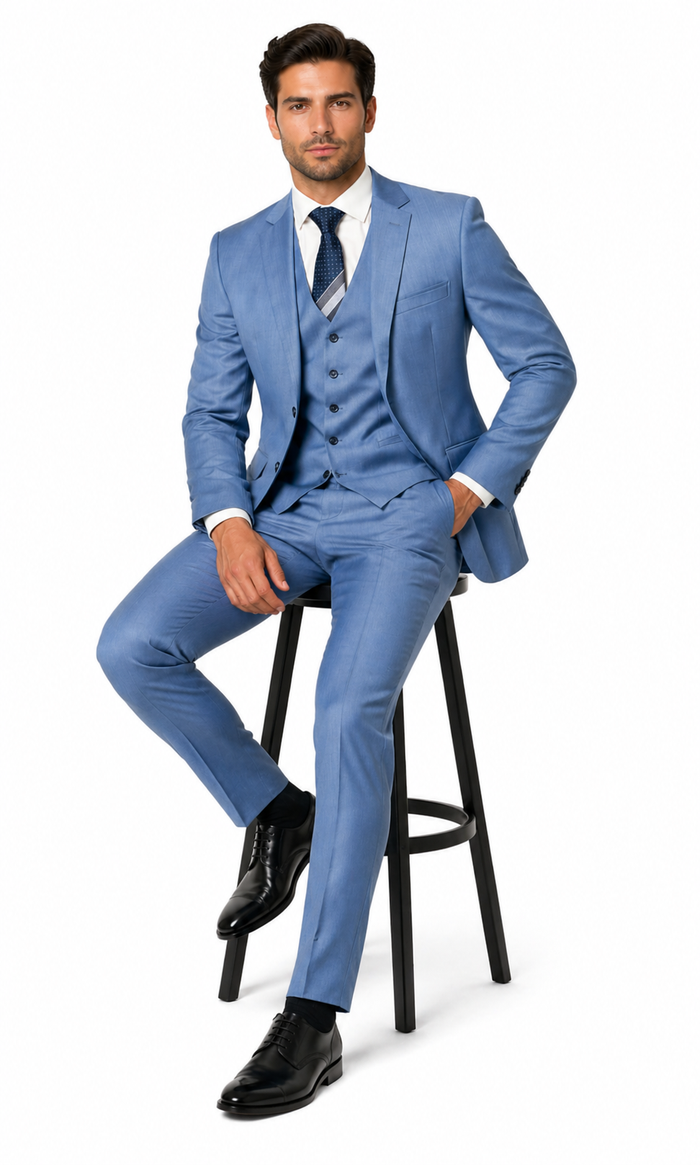 Sharkskin Textured 3-Piece Steel Blue - Dusty Blue Suit