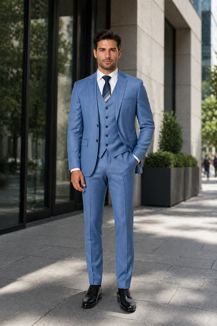 Sharkskin Textured 3-Piece Steel Blue - Dusty Blue Suit
