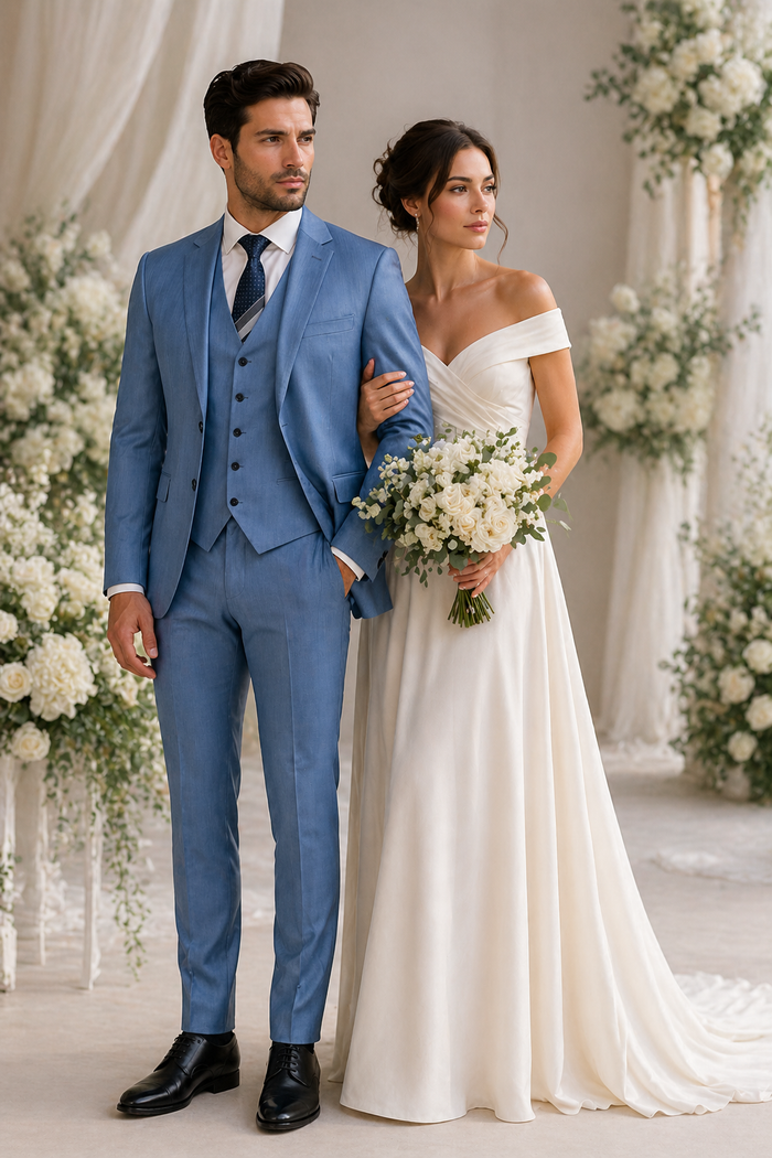 Sharkskin Textured 3-Piece Steel Blue - Dusty Blue Suit