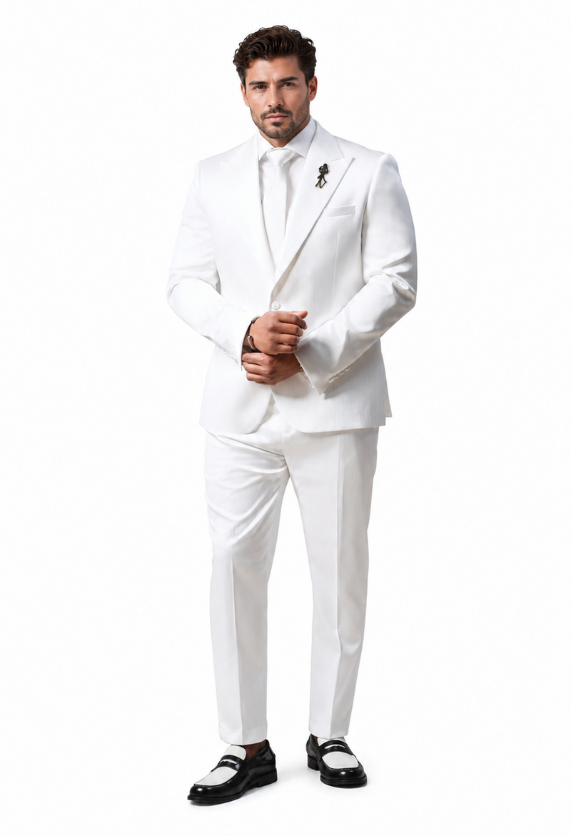 Men's Shiny Satin Charmeuse Metallic Stripe Sheen Monochromatic Pinstripe Suit By Rossiman in Color White Tailored Fit + Matching Shirt Tie (4-Piece)