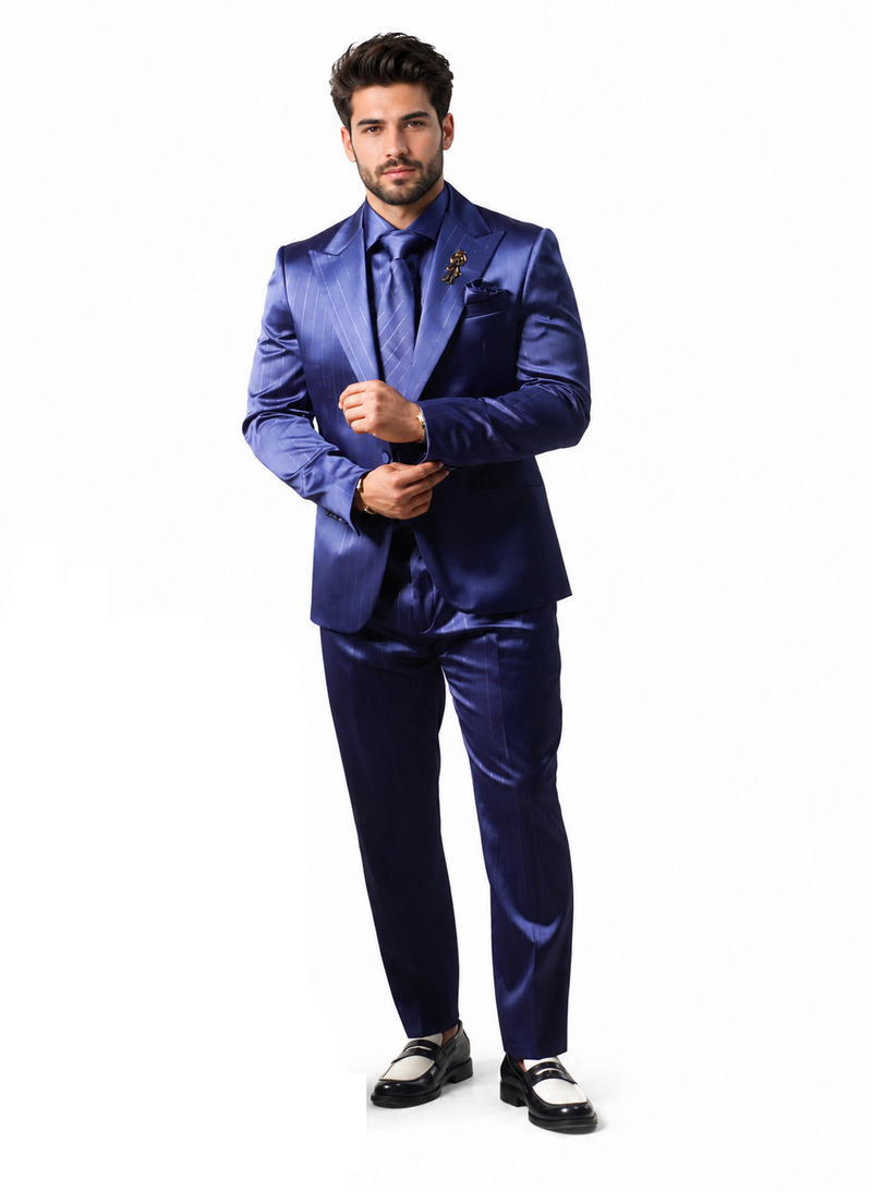 Men's Shiny Satin Charmeuse Metallic Stripe Sheen Monochromatic Pinstripe Suit By Rossiman in Color Navy Tailored Fit + Matching Shirt Tie (4-Piece)