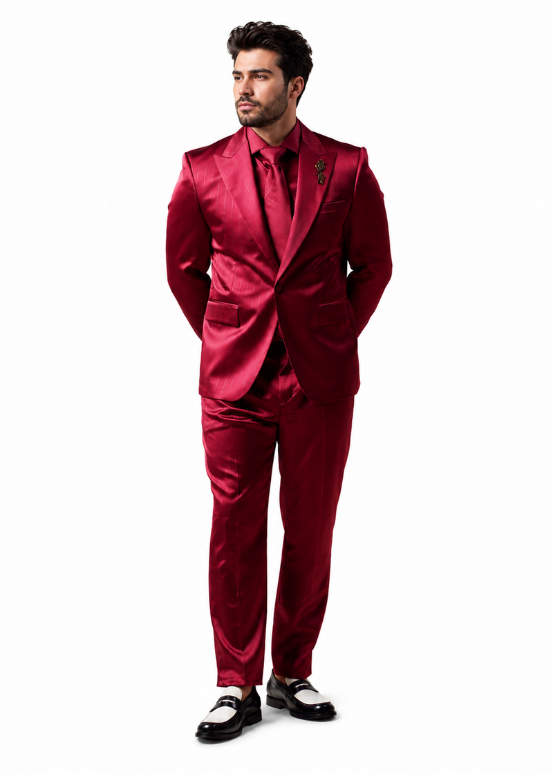 Men's Shiny Satin Charmeuse Metallic Stripe Sheen Monochromatic Pinstripe Suit By Rossiman in Color Burgundy Tailored Fit + Matching Shirt Tie (4-Piece)