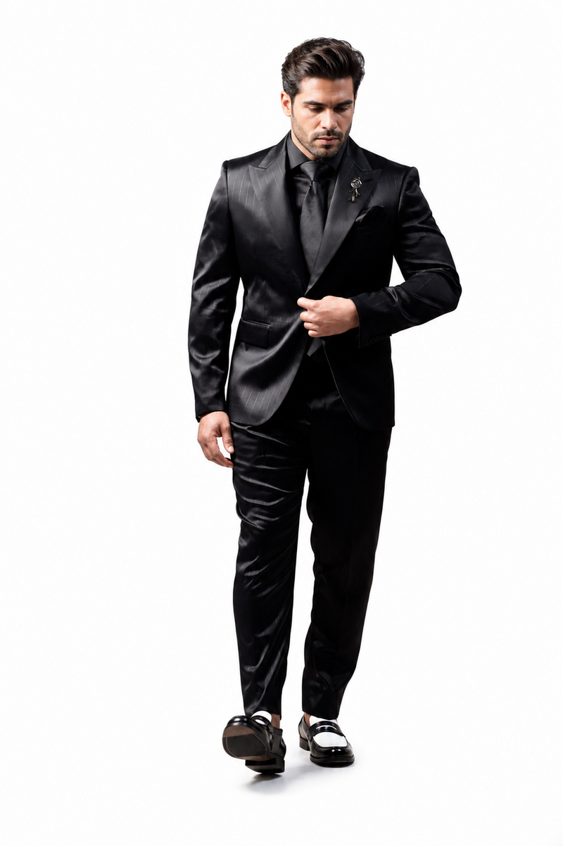 Men's Shiny Satin Charmeuse Metallic Stripe Sheen Monochromatic Pinstripe Suit By Rossiman in Color Black Tailored Fit + Matching Shirt Tie (4-Piece)