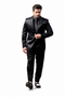 Shiny Satin Charmeuse Metallic Stripe Sheen Monochromatic Pinstripe Suit By Rossiman in Color Black Tailored Fit + Matching Shirt Tie (4-Piece)