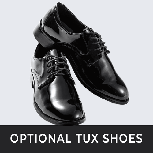 Black tuxedo shoes. Glossy finish, classic shape with rounded toe and laces. Sturdy sole complements the polished upper. Formal and elegant.
