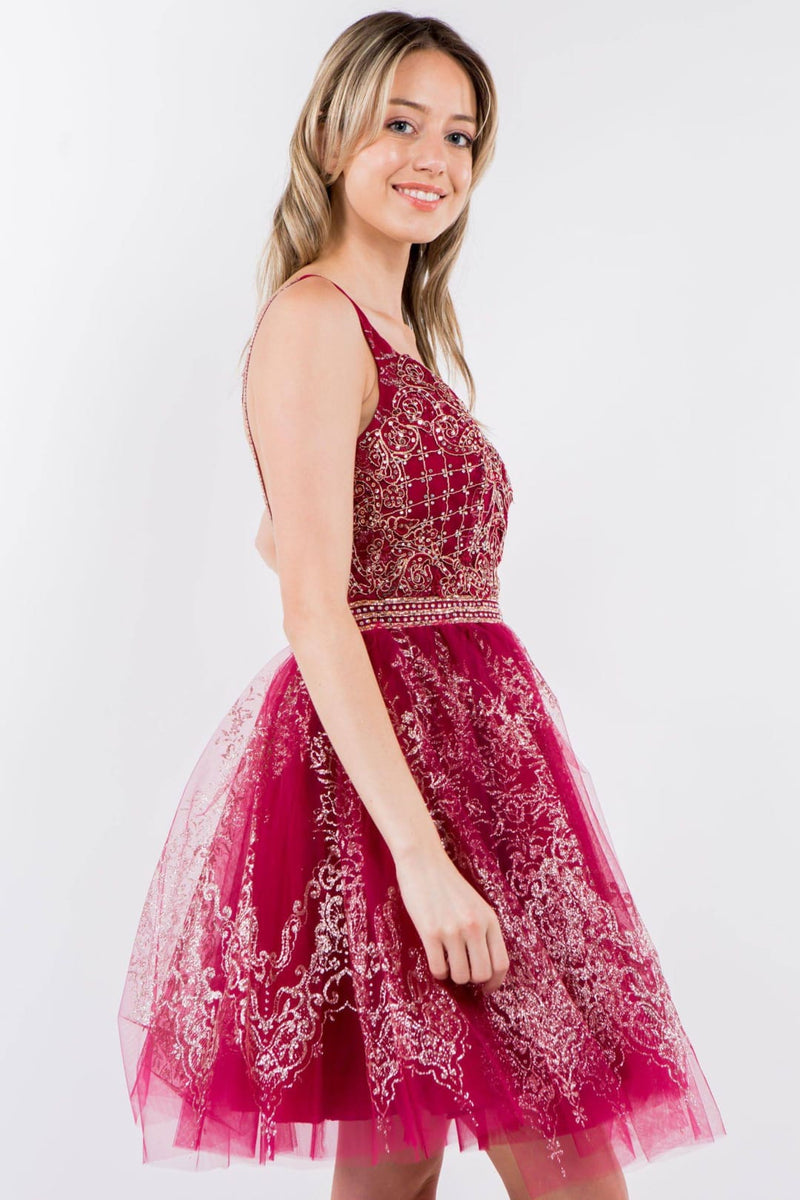 Glitter Print V-Neck Short Dress by Elizabeth KGS1965