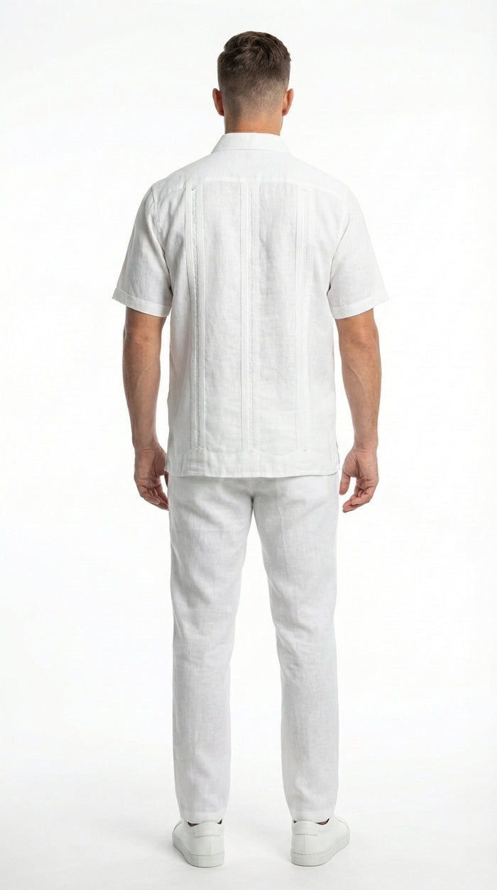 Mens White Embroidered Walking Suit Set – Short Sleeve Shirt and Pants Casual Summer Outfit for Vacation, Beach and Everyday Wear