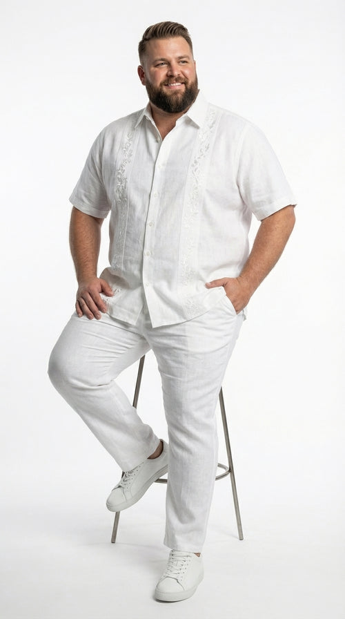 Mens White Embroidered Walking Suit Set – Short Sleeve Shirt and Pants  Casual Summer Outfit for Vacation, Beach and Everyday Wear
