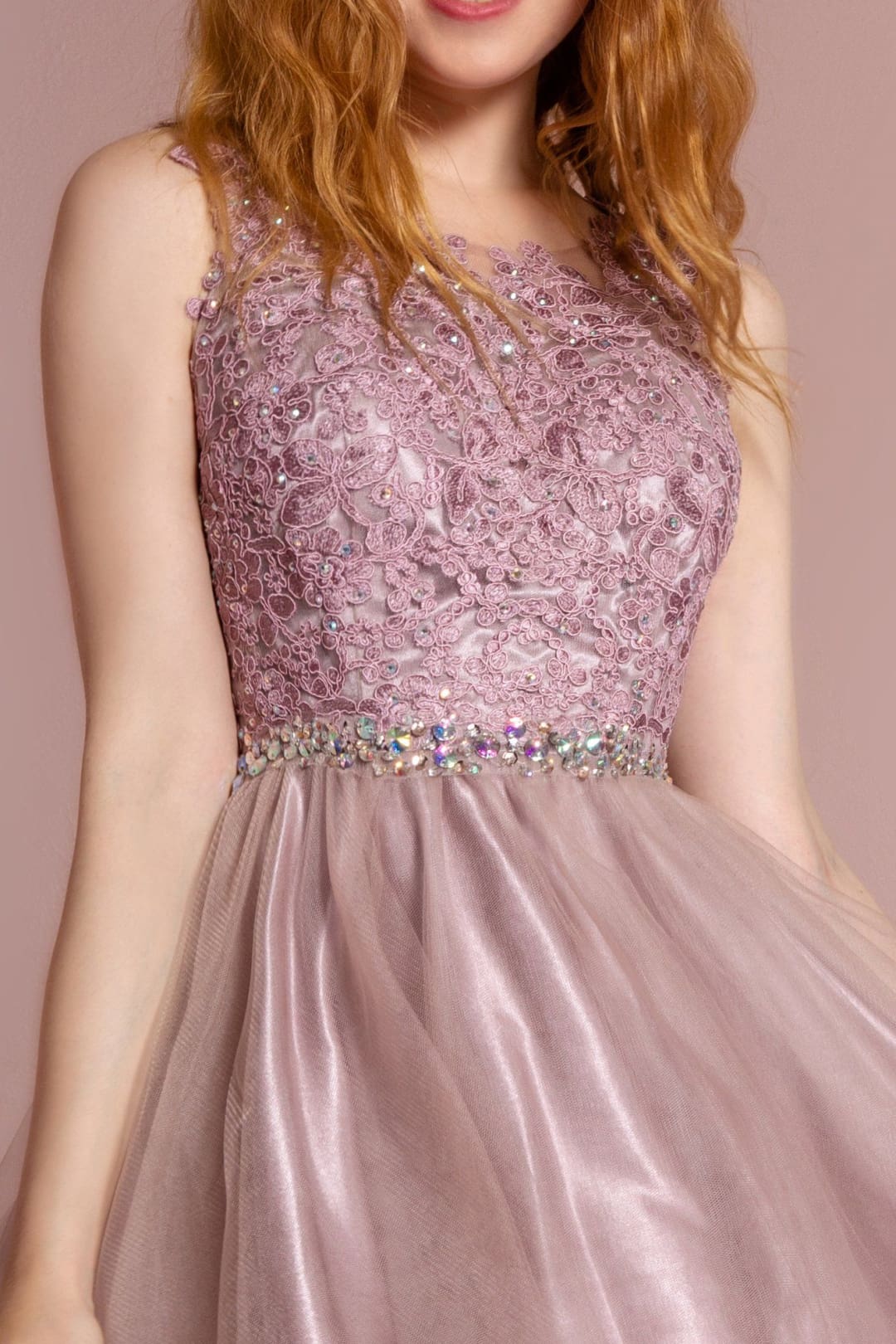 Short Sleeveless Lace Bodice Dress by Elizabeth K GS2375