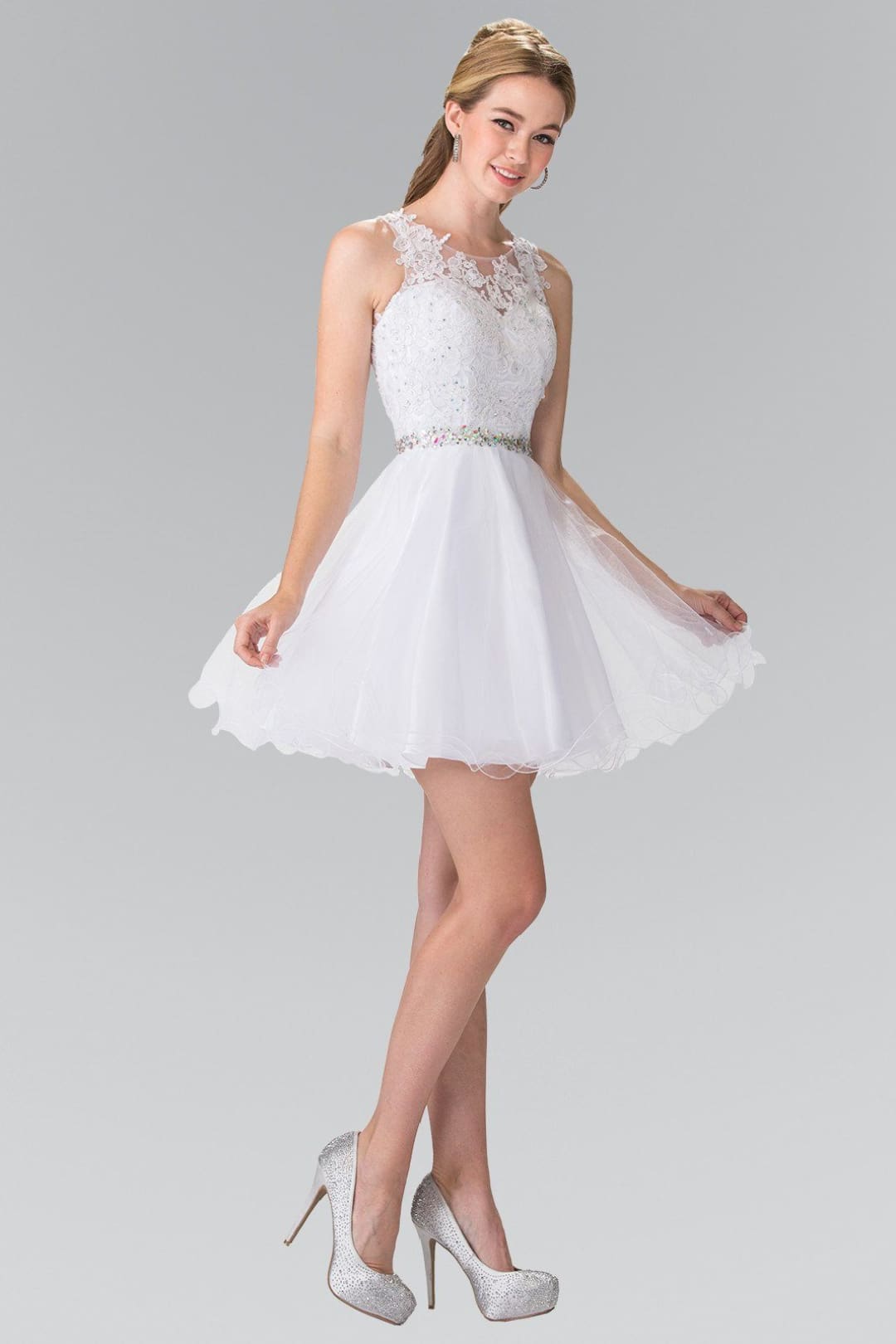 Short Sleeveless Lace Bodice Dress by Elizabeth K GS2375