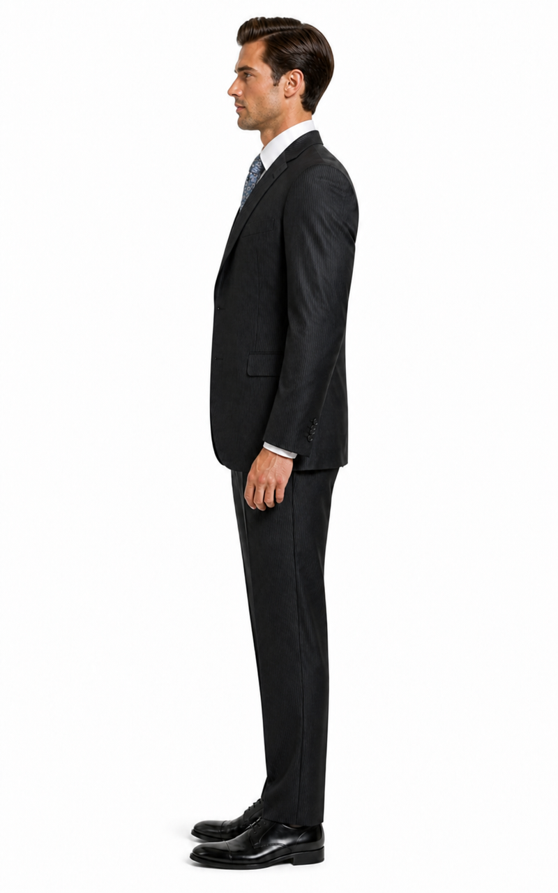 Signature Platinum Stays Cool Discounted Sale Men's 3 Piece Grey Pinstripe Italian Design three piece suit