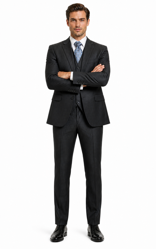 Signature Platinum Stays Cool Discounted Sale Men's 3 Piece Grey Pinstripe Italian Design three piece suit