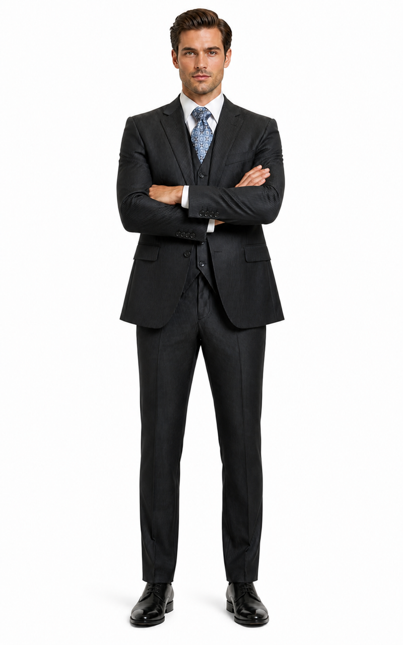 Signature Platinum Stays Cool Discounted Sale Men's 3 Piece Grey Pinstripe Italian Design three piece suit