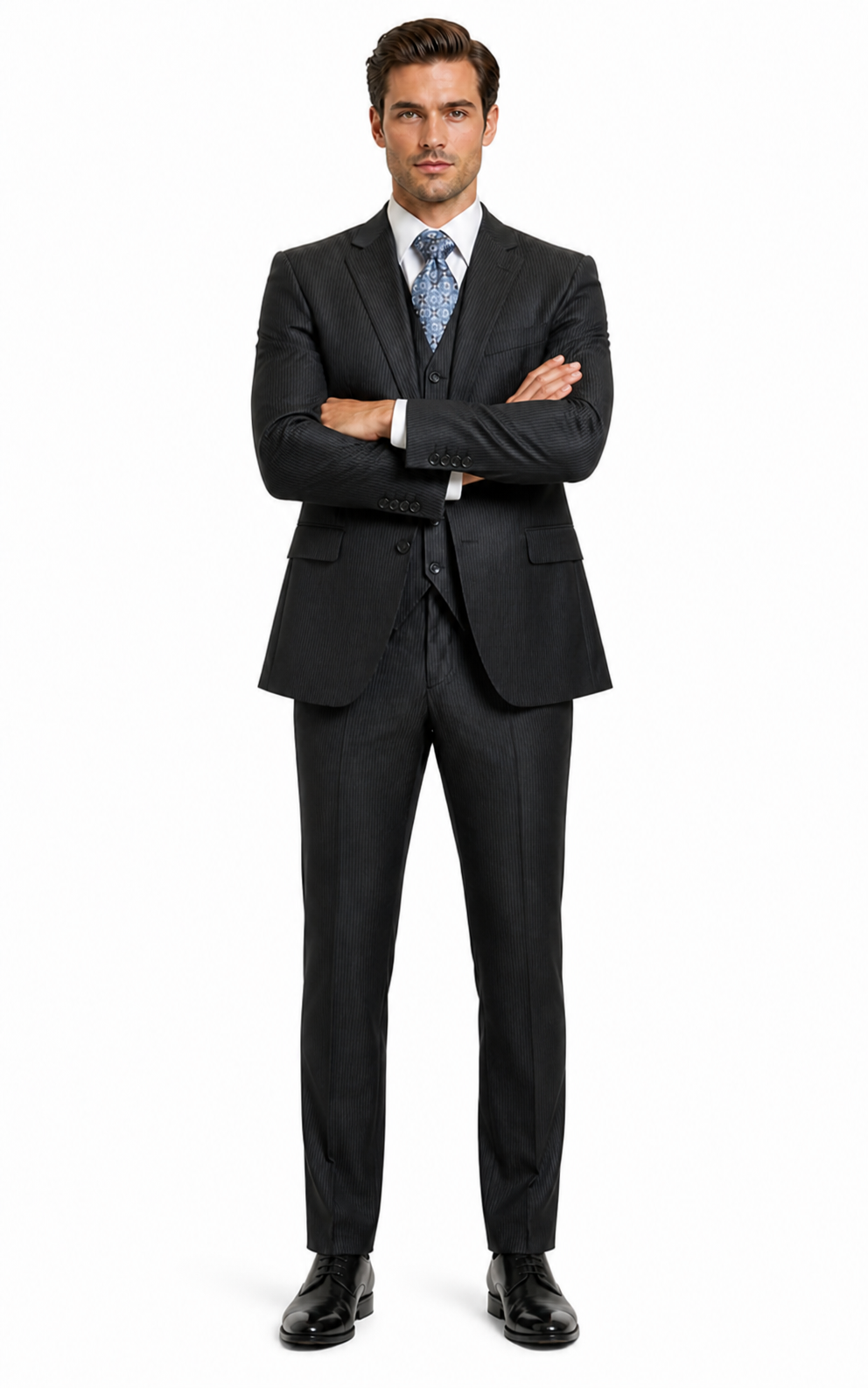 Signature Platinum Stays Cool Discounted Sale Men's 3 Piece Grey Pinstripe Italian Design three piece suit