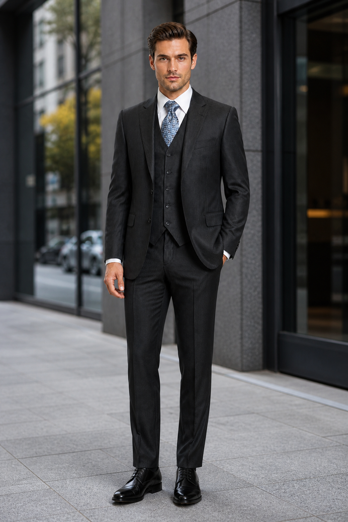Signature Platinum Stays Cool Discounted Sale Men's 3 Piece Grey Pinstripe Italian Design three piece suit