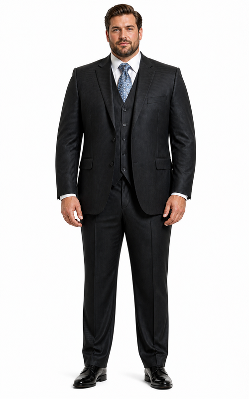 Signature Platinum Stays Cool Discounted Sale Men's 3 Piece Grey Pinstripe Italian Design three piece suit