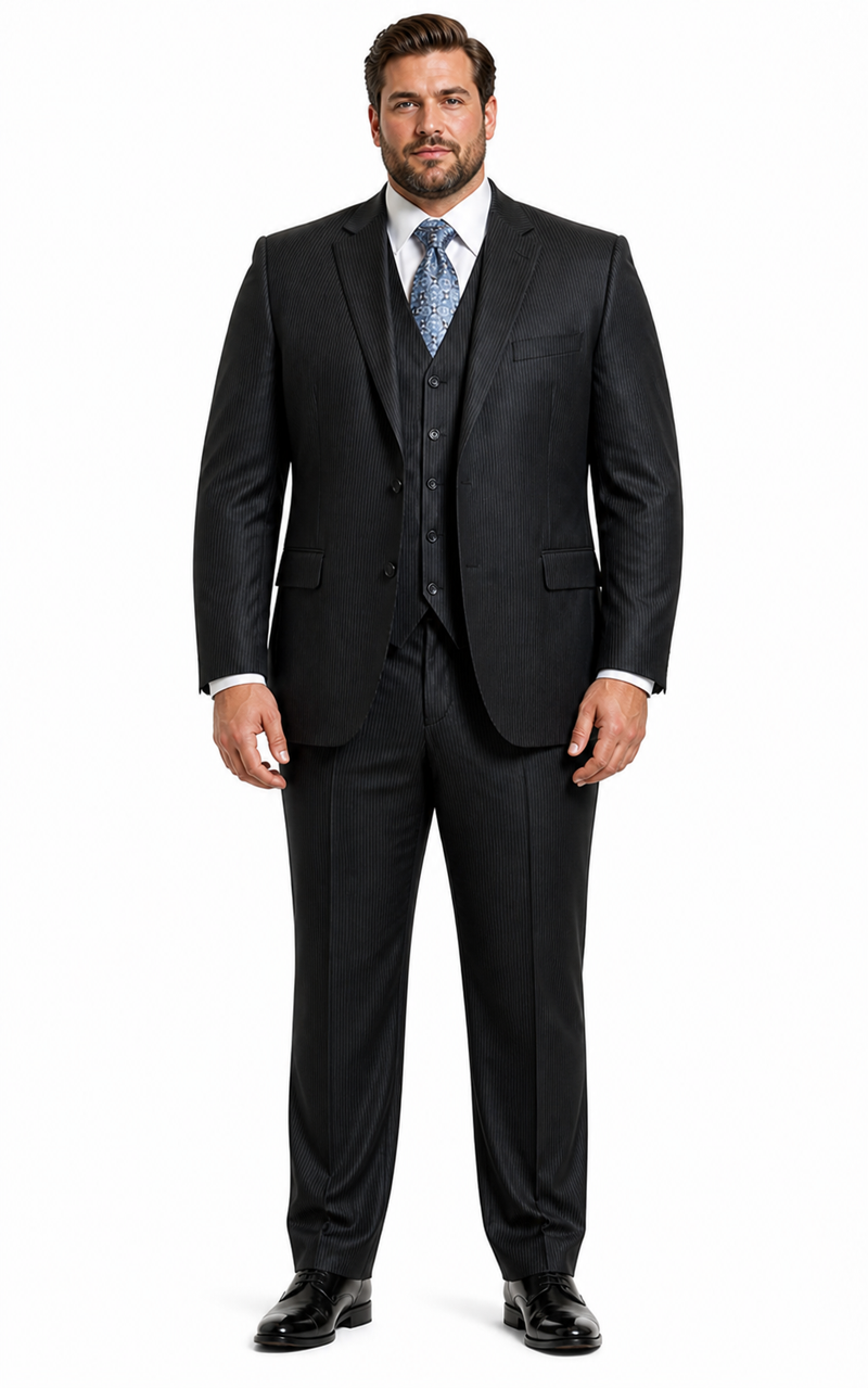 Signature Platinum Stays Cool Discounted Sale Men's 3 Piece Grey Pinstripe Italian Design three piece suit