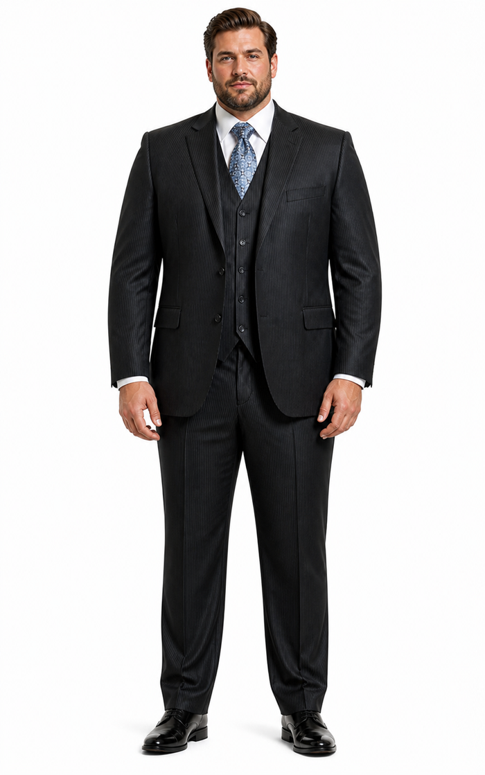 Signature Platinum Stays Cool Discounted Sale Men's 3 Piece Grey Pinstripe Italian Design three piece suit
