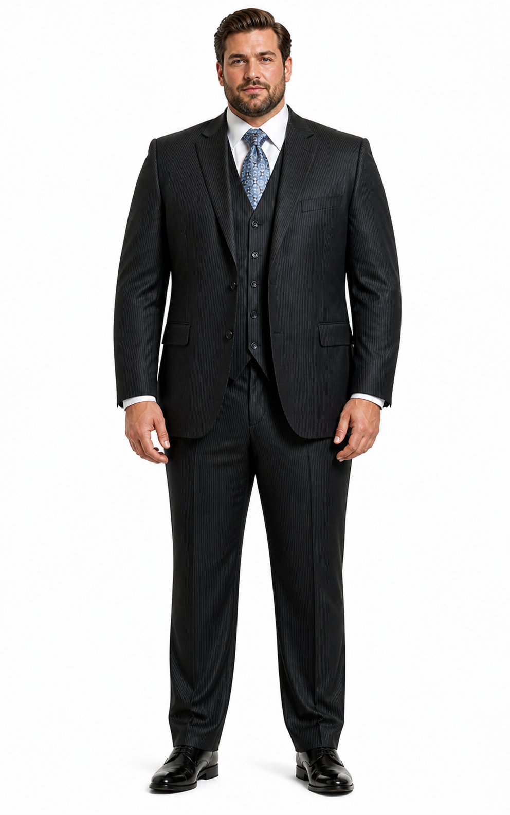 Signature Platinum Stays Cool Discounted Sale Men's 3 Piece Grey Pinstripe Italian Design three piece suit
