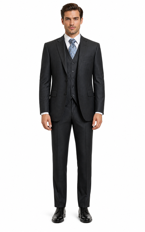 Signature Platinum Stays Cool Discounted Sale Men's 3 Piece Grey Pinstripe Italian Design three piece suit