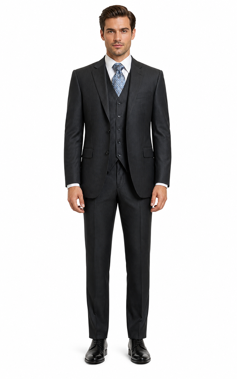 Signature Platinum Stays Cool Discounted Sale Men's 3 Piece Grey Pinstripe Italian Design three piece suit