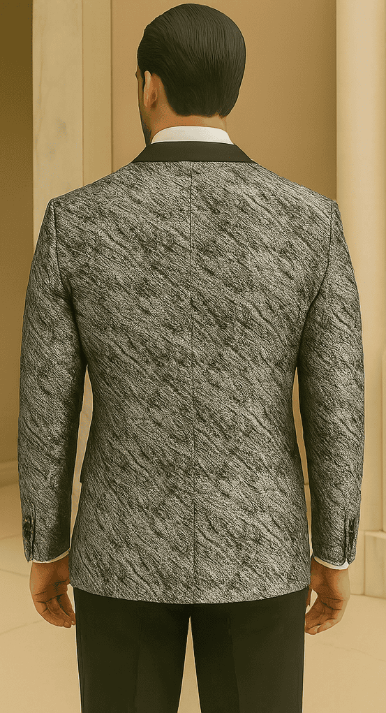 Silver double-breasted jacket with rough streak pattern, satin fabric, and peak lapels. Tailored fit, visible from the back.
