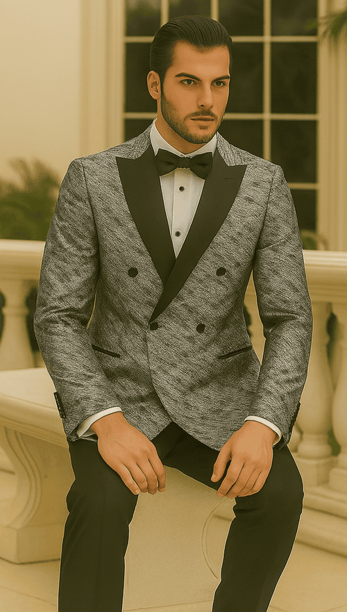 Silver double-breasted men's jacket with rough streak pattern, satin peak lapels, and black accents. Tailored, structured, and fitted silhouette.
