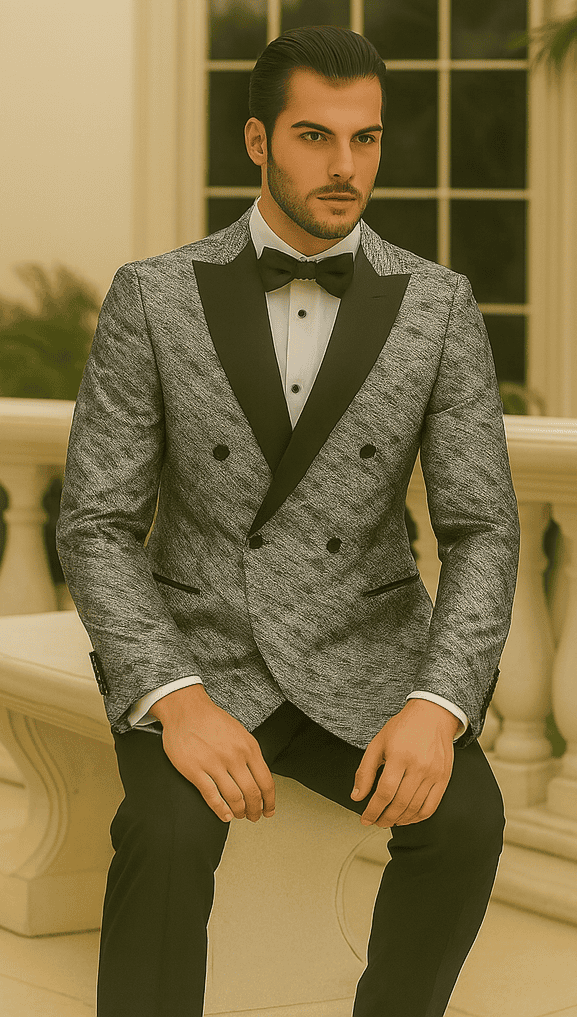 Silver double-breasted men's jacket with rough streak pattern, satin peak lapels, and black accents. Tailored, structured, and fitted silhouette.
