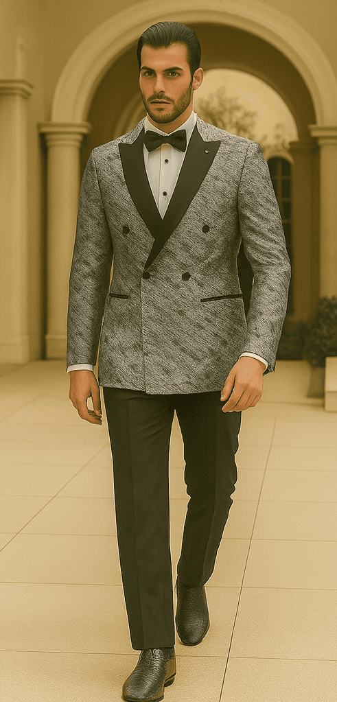 Silver double-breasted jacket with rough streak pattern, satin finish, and peak lapel. Worn with tailored black trousers for a sharp look.
