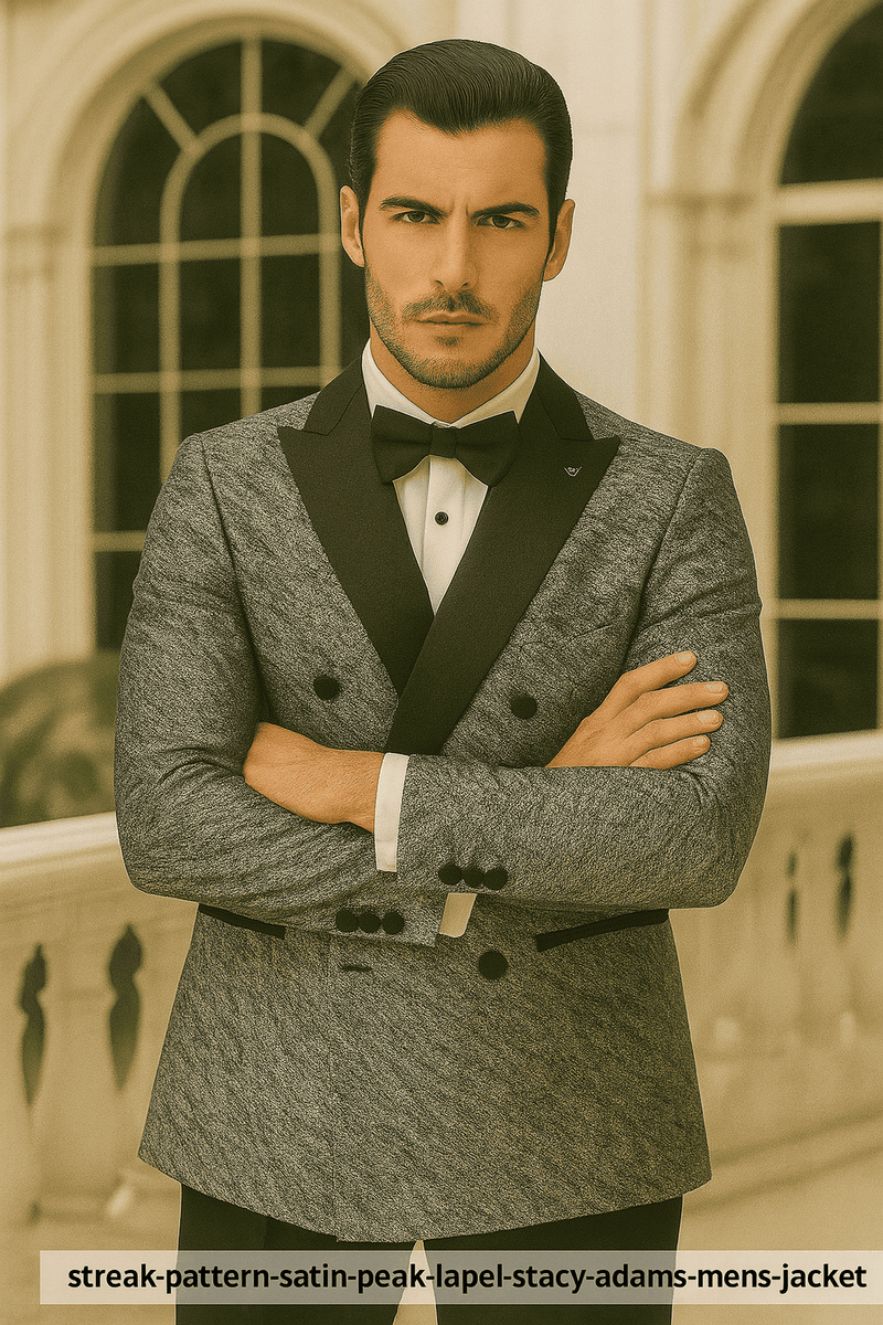 Silver double-breasted jacket with rough streak pattern, satin peak lapels, and black buttons. Fitted design.
