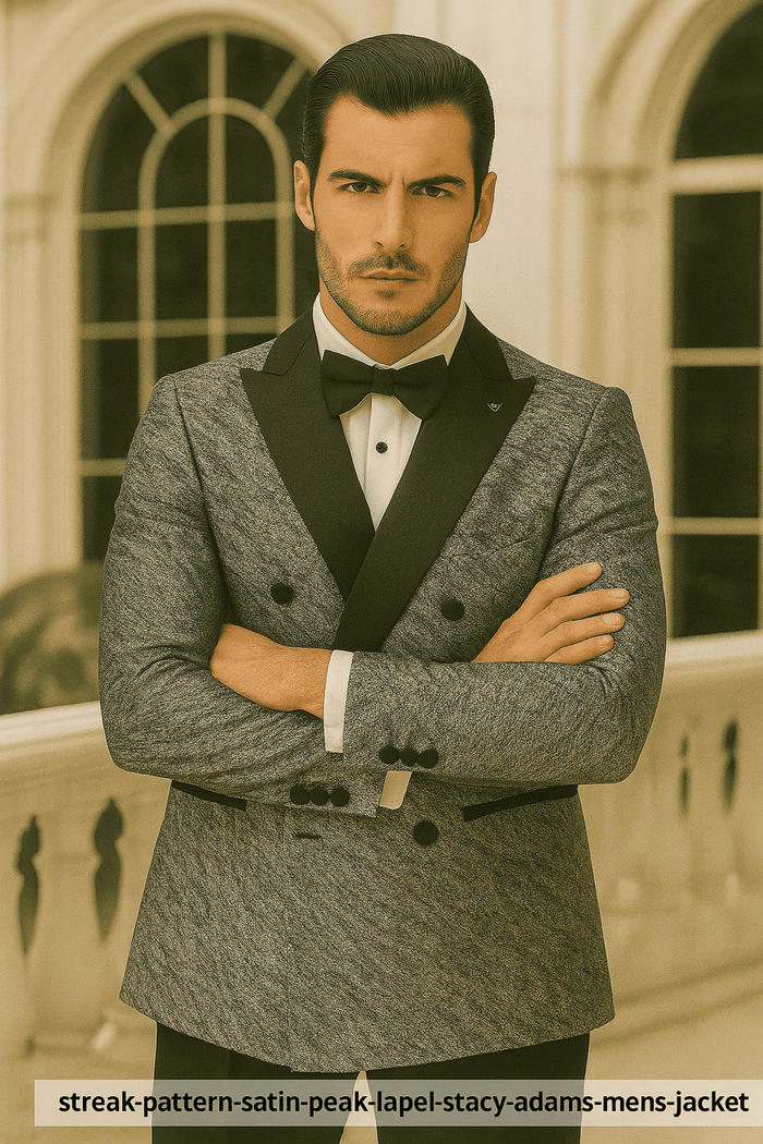 Silver double-breasted jacket with rough streak pattern, satin peak lapels, and black buttons. Fitted design.
