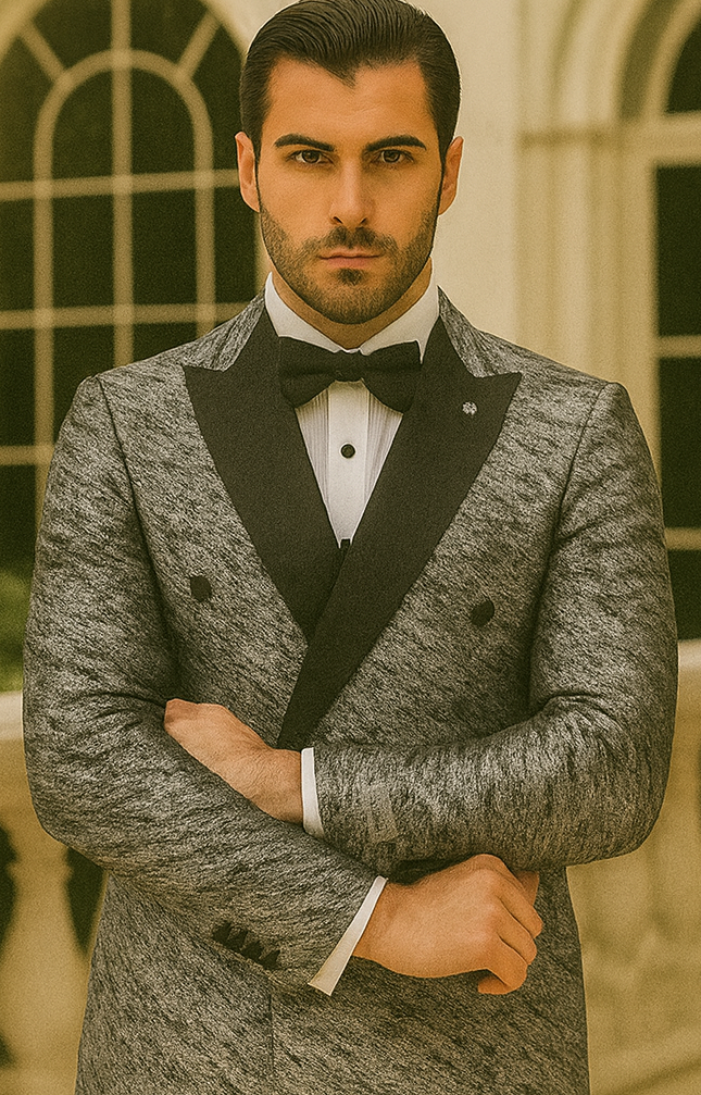 Silver double-breasted jacket with rough streak pattern, satin peak lapels, and structured design. Black bow tie and contrasting black accents complete the look.
