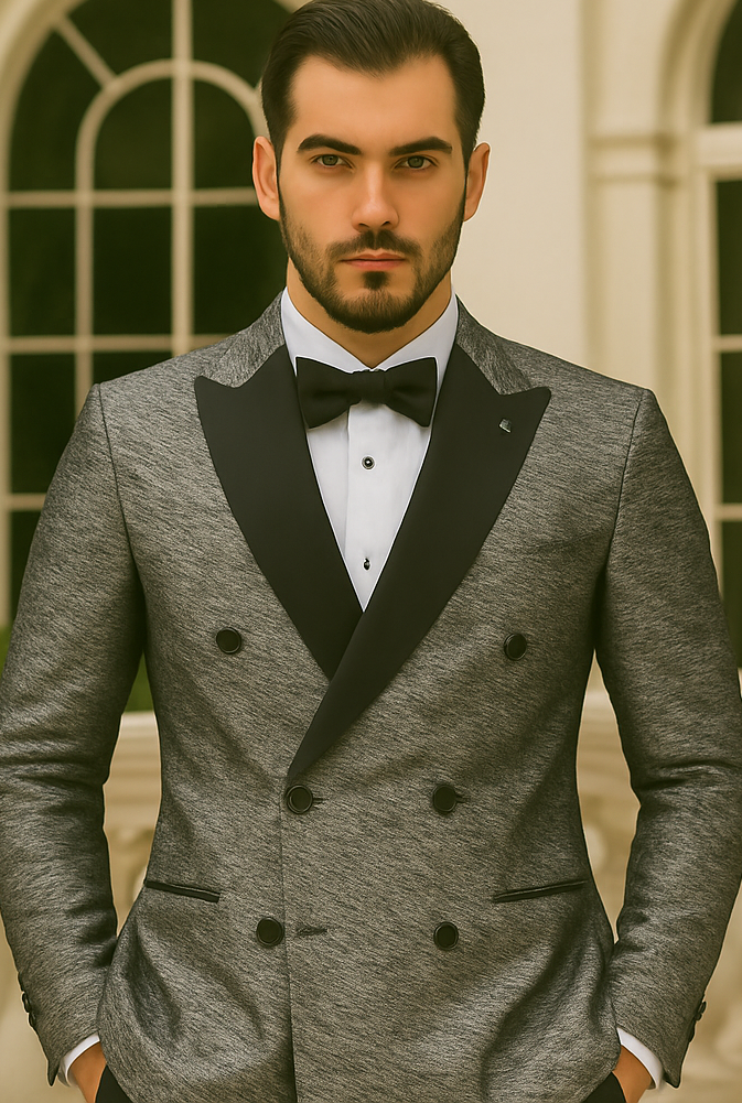 Silver double-breasted jacket with rough streak pattern, satin peak lapels, and black buttons. Structured design.
