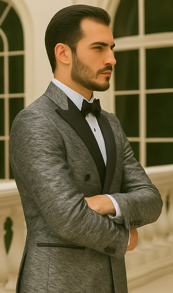 Silver double-breasted jacket with rough streak pattern and satin peak lapels. Tailored fit highlights fabric's textured silver shades, emphasizing design.

