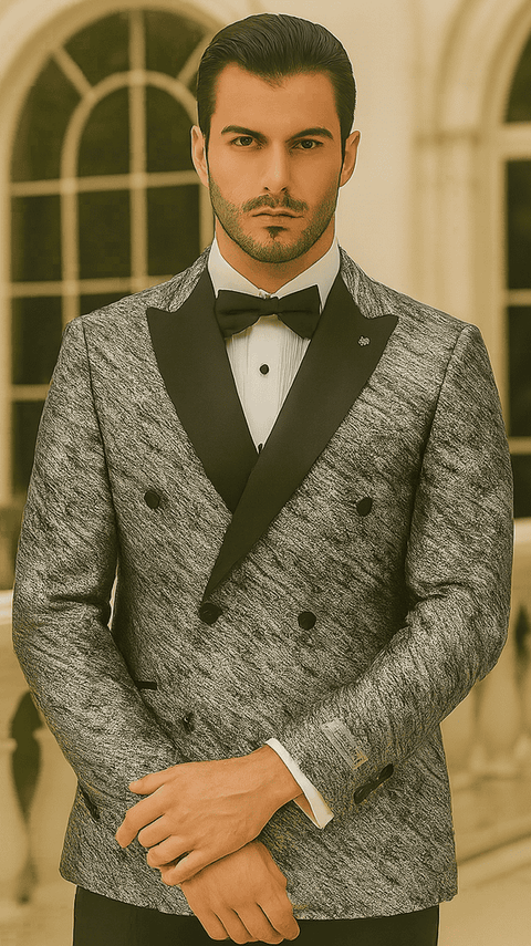 Silver double-breasted jacket. Rough streak pattern, satin peak lapels. Textured fabric with mixed shades, polished finish. Sophisticated and eye-catching design.
